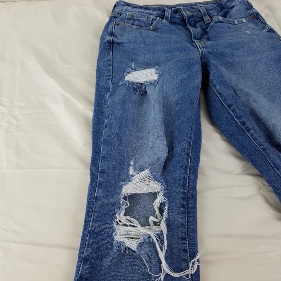 Old Navy Jeans Womens Size 0 High Rise O.G. Straight Leg Destroyed Blue Denim - Picture 12 of 14
